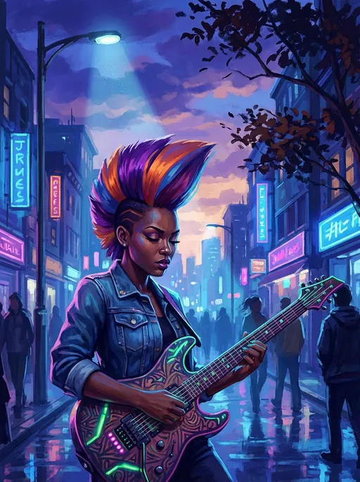 Prompt: Envision a dynamic scene infused with energy, centered around a dark-skinned female musician whose hair is styled in a colorful wedge, each hue harmonizing with her spirited presence. She stands confidently, her fingers dancing across the strings of a vibrantly colored electric guitar, the instrument gleaming in the light. The setting is an urban street at twilight, painted in shades of deep purple and indigo with neon signs flickering alive around her. A soft breeze carries the warm scent of night blooming flowers, rustling softly through nearby trees. The cool glow of streetlights casts a cinematic beam upon her, highlighting the passion in her expression as she gets lost in the music, igniting the evening with her presence. Suggested style: 'vivid digital painting with dramatic, expressive lighting.'