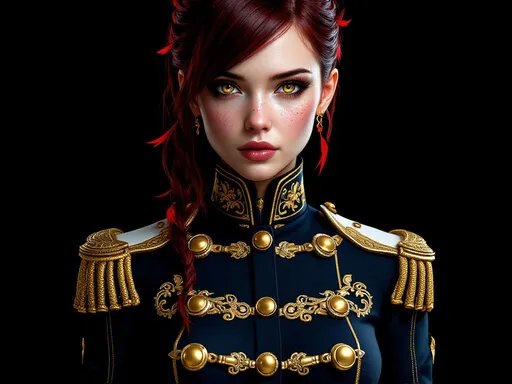 Prompt: This is a highly detailed, photorealistic CGI portrait of a cyberpunk-style female character. She has dark red hair with a side-swept fringe. She has several small red feathers in her hair and on her neck. Her complexion is pale, with freckles on her cheeks. Her golden-yellow eyes are beautifully accentuated with eyeliner and intense dark eyeshadow. Her expression is serious and confident.

She havea formal military-style jacket, displayed against a solid black background. The jacket is predominantly navy blue with intricate gold accents and white shoulder patches. The shoulders feature ornate, gold-embroidered designs, while the upper sleeves have white patches with gold trim. The front of the jacket is adorned with a series of gold buttons arranged in a vertical row, resembling toggles or clasps. The jacket has a high collar and is buttoned up, giving it a structured and formal appearance. The sleeves are slightly puffed at the shoulders and end in cuffs with gold buttons and trim. The jacket's sides have several gold stripes that add to its formal and military aesthetic. The material of the jacket appears to be a smooth, slightly shiny fabric, possibly satin or a similar material, which adds to its elegant and polished look. The overall design is highly symmetrical and precise, with a focus on military precision and formal elegance. 

She is wearing a navy blue leather collar around her neck.

The background is grey and blurred, emphasizing the character and her detailed outfit. The lighting is focused on her face and middle body, highlighting the textures. The overall style is gritty and industrial, characteristic of cyberpunk aesthetics.

