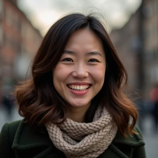 Prompt: A Chinese woman with dark hair, blending warm shades of brown, beams with joy, her bright smile revealing a sense of warmth and openness. She wears a cozy, dark green jacket layered over a light scarf, suggesting a casual yet stylish look suitable for a cool day. The ambiance hints at an urban backdrop, possibly during late afternoon, with soft, diffused lighting that brings a gentle focus to her expressive face. The overall mood radiates positivity and confidence, capturing a moment of genuine happiness that invites viewers into her cheerful space.