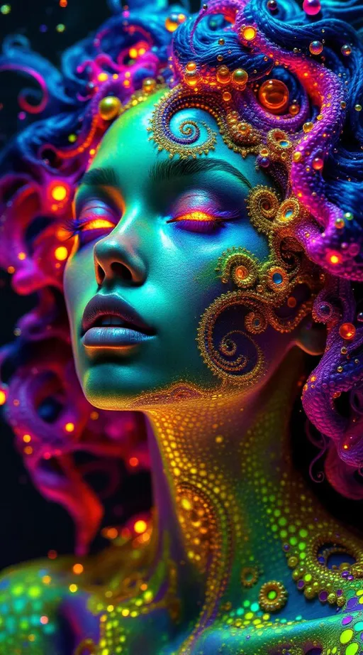 Prompt: Ultra-saturated maximalist 8K hallucination of an apparition built from paradox and exotic fractals, figure dissolving into contradictions that cannot coexist. She is half-body, half-mathematical impossibility, clothed in Penrose tilings that refuse to repeat, golden rhombi cascading endlessly across garments in neon gradients of ultraviolet, toxic green, molten magenta, and liquid sapphire. Skin blooms with Lorenz attractors, chaotic spirals coiling in acid hues, trajectories looping but never closing, fractal weather tattoos in radiant light. Each pore an Apollonian gasket, infinite nested circles glowing in radioactive cyan and spectral gold. Hair floods outward as quaternion Julia sets, strands folding into four-dimensional spirals, braids radiating impossible geometry mapped onto complex quaternions. Eyes embody paradox: one alive, one erased, both Schrödinger’s, irises fracturing into mirrored infinities, pupils reflecting the Ship of Theseus rebuilt differently in every reflection. Lips whisper jeweled sparks erased before sound, each phrase collapsing into liar-paradox recursion. Around her orbit crystalline mandalas fractured into Banach–Tarski splits, spheres cut and reassembled into infinite copies glowing with metallic iridescence. Shadows burn brighter than her body, paradox light dripping upward in recursive auroras. Garments ripple with equations collapsing into contradiction: “the set of all sets that do not contain themselves” embroidered in ultraviolet lace, alphabets Ϟ⧖Λ𓇽𖤓≋ ℵ₀ glowing, then erasing. Frame flickers between portrait and void, figure and environment collapsing, every surface drenched in recursive metallic gradients: ultraviolet → acid lime → infrared crimson → spectral gold, colors shifting across dimensions. She paints herself painting herself painting herself, each version transforming, Ship of Theseus recursion fracturing until painter, painting, and paradox dissolve. She is contradiction clothed in Lorenz chaos and Penrose infinity, hallucination woven from paradox itself.
