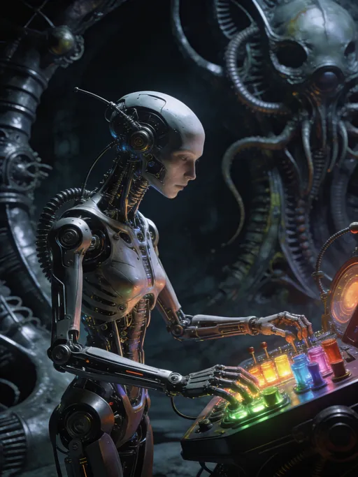 Prompt: Working multi-colored robotic machine is at the controls, it has a lean body, with intricate details. giger style. Surrealist background 8k