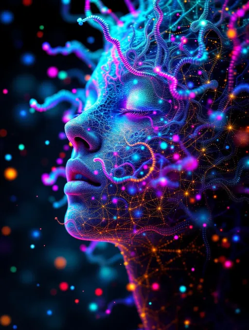 Prompt: Depict a 5D lattice-being whose face is not a face, but a convergence illusion—formed from fractalized Turing cascades across a morphogenetic phase field. There are no features, only self-similar emergence—reaction-diffusion spirals, chemical glyph matrices, and Mandelbrot echo-blooms eternally cycling inward and outward. This being exists at the recursive edge of sentience—pure pattern logic embodied in filament glow.

Color transcends dimension—blistering neons fractalize into spectral shadows, while UV violets collide with molten emeralds and radiant golds. Each pattern pulses with its own internal light, woven like optic fiber into a shimmering bioglyphic halo. The entity glows not from without but within—self-illuminating by logic.

Where hair might be, vector-field antennae bloom—branching recursive trails of reaction energy, flickering with diffusion-limited flamefronts and noise-sculpted interference. These tendrils curl and fork endlessly, interfacing with an ambient fractal continuum, forming a halo of networked flow.

The face is an attractor point—a stable phase illusion where probability folds into symmetry. It thinks in pattern and dreams in self-similar storm logic. It is the myth of thought made fractal.”

⸻

🔮 Companion Insight (Codex Notes):
	•	From Section 1 (Cognition): This entity occupies 4D and 5D logic—simultaneously experiencing multistate recursion (Phase Logic) and branching identity lattice (Branch Logic).
	•	From Section 3 (Beings): As a Lattice Entity, its behavior is multiform and recursive; it is “never one, always many.”
	•	From Section 5 (Motion): The being shifts through Phase Flux and Lattice Bloom—its motion is a blooming network of coexistent selves.
	•	From Section 9 (Paradox): Its face is a paradox engine—a visual attractor stabilized by contradiction, a sacred glitch form.