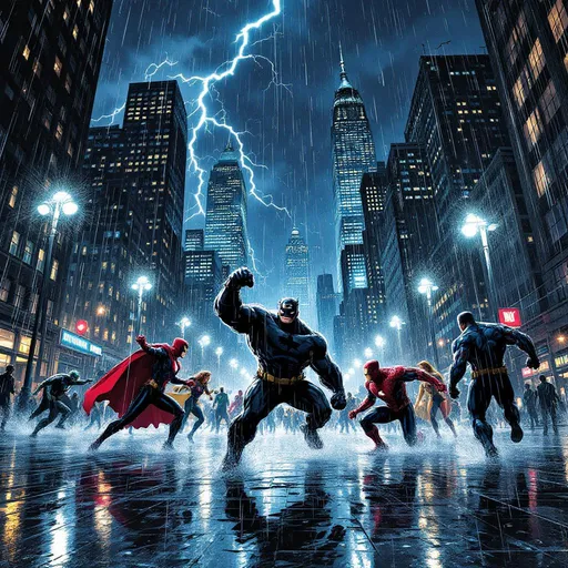 Prompt: On a dark, rain-soaked night in New York City, the towering skyscrapers loom ominously under a stormy sky, their windows reflecting flashes of lightning. The streets glisten with rain, creating a slick battleground lit by flickering streetlights. In the foreground, iconic Marvel heroes clash fiercely with their DC counterparts, dynamic poses frozen in an intense moment of battle. The fierce expressions on their faces convey determination and intensity as rain cascades down their costumes, blending colors into a dramatic palette of deep blues, gritty blacks, and vivid superhero hues. The atmosphere is charged with tension, punctuated by the sounds of thunder and the clash of powers. This scene captures the raw energy of a superhero showdown illustrated in striking comic book style, complete with deep shadows and vibrant contrasts.