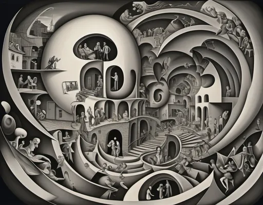 Prompt: Need for money tearing apart modern families, fragments, swirls ,styles of dali and escher