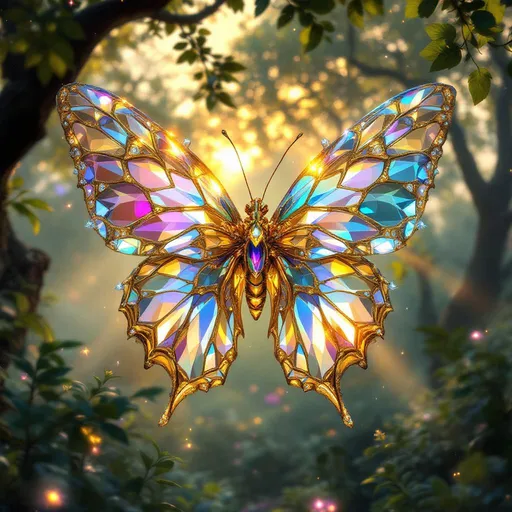 Prompt: Visualize a stunning butterfly delicately crafted from shimmering glass and glistening metallic gold, its wings iridescent, catching and reflecting the light in a mesmerizing dance. Each wing is adorned with tiny, jewel-like elements that sparkle like stars, creating a breathtaking tapestry of color. The butterfly hovers gracefully in an ethereal garden, where soft beams of sunlight filter through a canopy of leaves, casting dappled shadows on the ground below. Gentle breezes cause the surrounding flowers to sway lightly, creating an atmosphere of tranquility and wonder. The scene is enhanced by warm, cinematic lighting, evoking a sense of magic and serenity, perfect for a dreamlike illustration.