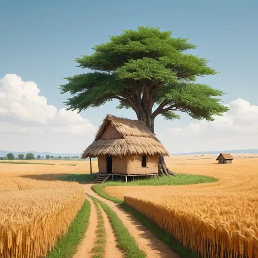 Prompt: Draw a tree and a hut in the middle of the plain and wheat