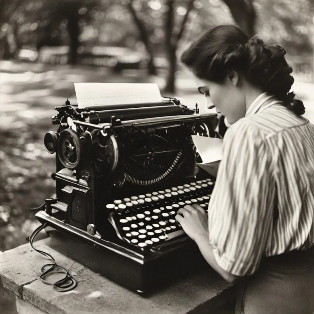 Prompt: <mymodel> a woman typing on a mechanical typwriter. Gelatin silver print, black and white.