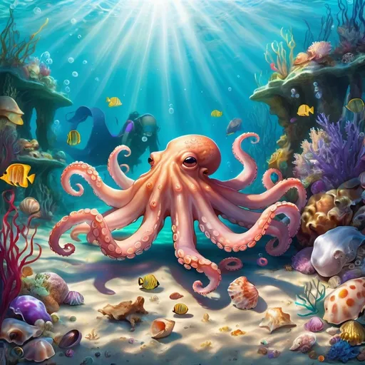 Prompt: Sunlight dappled sea bed with friendly octopus, vibrant underwater garden, detailed octopus features, high quality, digital painting, friendly atmosphere, colorful shells, lost human artifacts, oceanic, vibrant lighting, detailed sea creatures