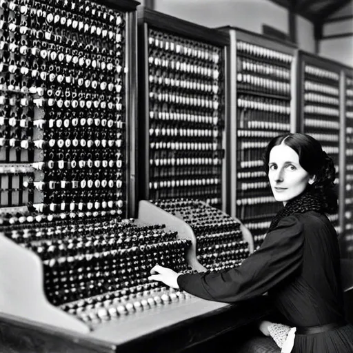 Prompt: <mymodel> Ada Lovelace in front of the bletchley park collussus computer. Gelatin silver black and white photo.