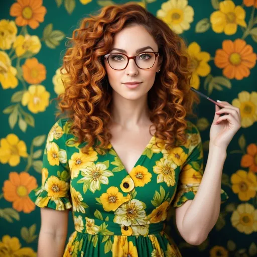 Prompt: Attractive bookish woman in a vibrant green and yellow floral dress, auburn curls, wearing glasses, high quality, detailed, colorful, bookish, floral print, healthy weight, glasses, vibrant, auburn curls, professional lighting