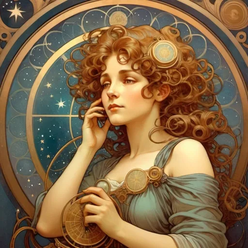 Prompt: female astronomer, with astrolabe. Curly hair.