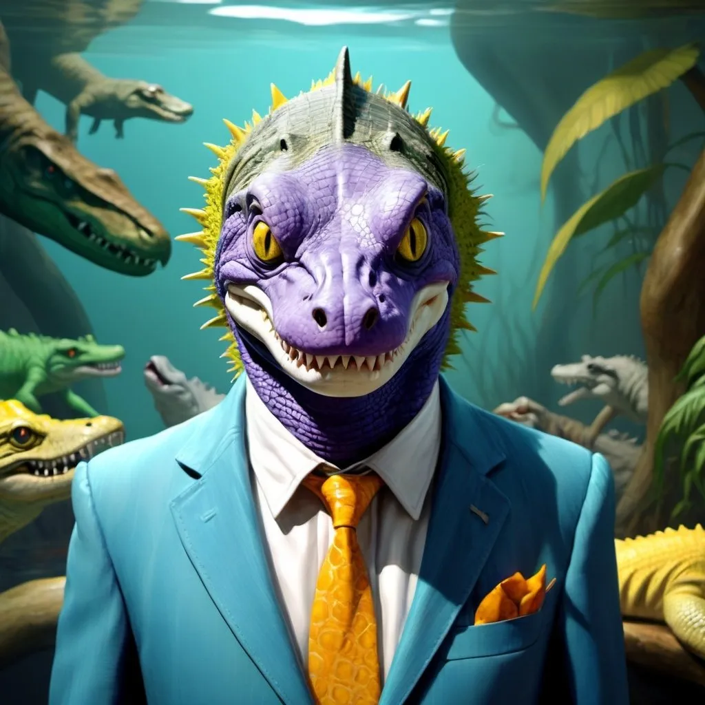 Prompt: Mr. Gerbik: freak of nature. Half-man, half-shark, with gator hide. Skin flashes blue, yellow, orange, green - a walking chameleon nightmare. White eyes pierce from a sky-blue face, framed by wild gray hair and lilac sideburns. A dead walrus slung over his shoulder, three alligators trailing behind. Clear, photorealistic render