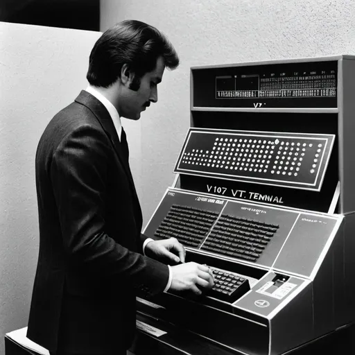 Prompt: <mymodel> A man in the 1970s, using a VT-100 terminal. Gelatin silver black and white print.