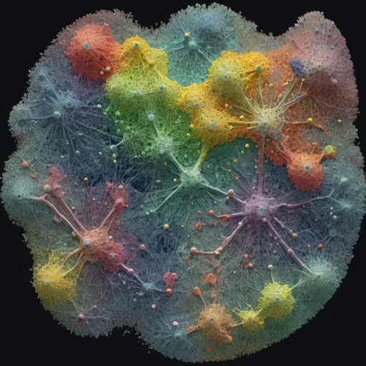 Prompt: create 3D t-SNE plot and UMAP plot and PCA using bacteria and algae and fungi in an artistic way showing the algae-bacteria-fungi  been used in neural network of large language models that can be used to promote for the lab work world wide, with emphasis on the neural network