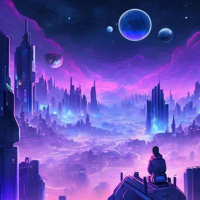 Prompt: A galaxy themed city where a guy with a hoodie is seen overlooking the blue-purple city