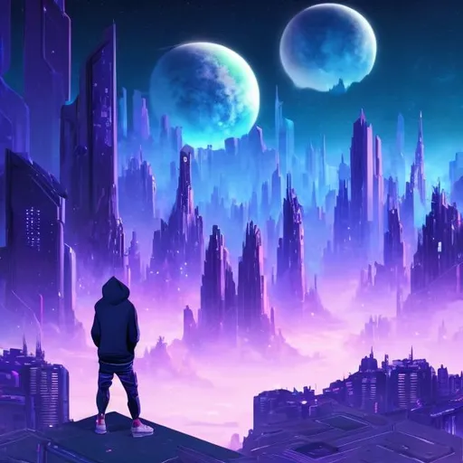 Prompt: A galaxy themed city where a guy with a hoodie is seen overlooking the blue-purple city