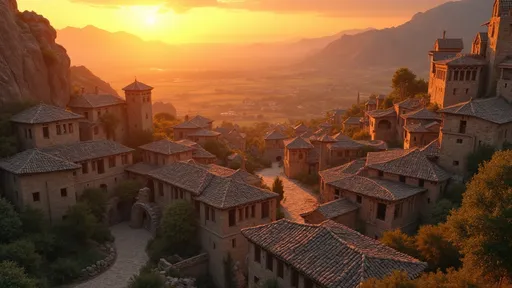 Prompt: an ancient village in 3rd-century Turkey with stone houses, renaissance, under the warm orange glow of the setting sun, aerial view, a detailed matte painting, 3D pixar style