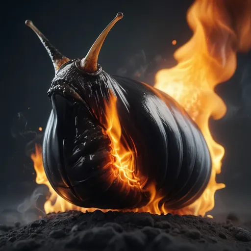 Prompt: An oily carnivorous slug, on fire with smoke pouring out, 8k, realism, huge black slug 