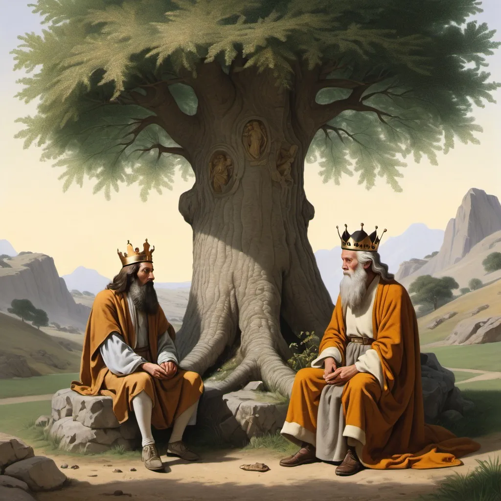 Prompt: The king and the hermit sitting together under a tree, with the hermit explaining the secret of contentment, while the king listens intently.