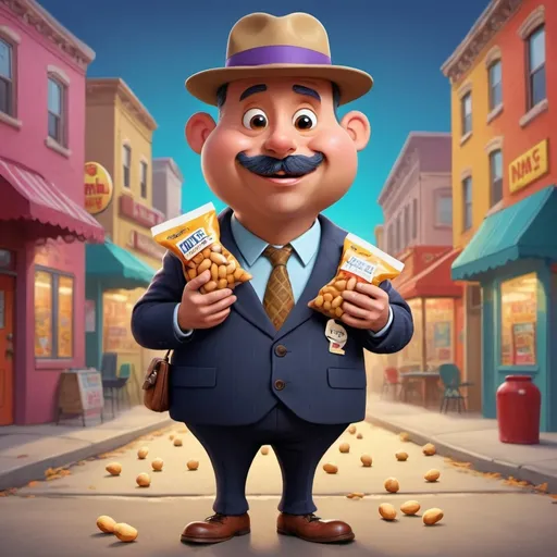 Prompt: Draw an uncle with a suit like a detective but a peanut-like body with a humorous look holding a bag of peanuts