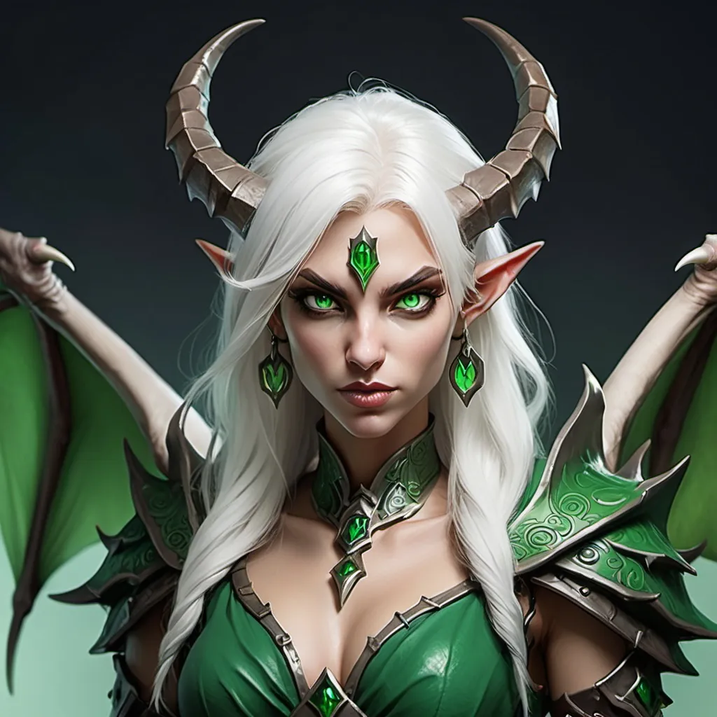 Prompt: dnd dragon-blooded human green evil warlocks With green eyes, white hair, horns and wings