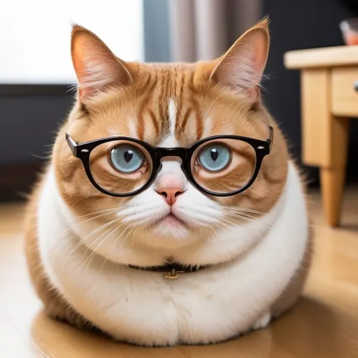 Prompt: Fat, cute, stupid cat has big innocent eyes and nice, stupid look , wearing glasses