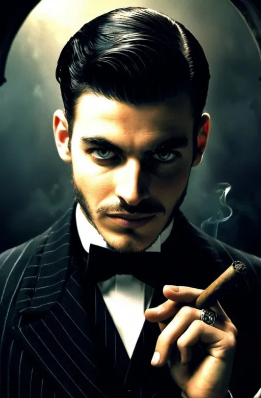 Prompt: Gomez Addams, dripping with his characteristic charm and dark elegance. Include his moustache, Victorian and gothic influence, and cigar 