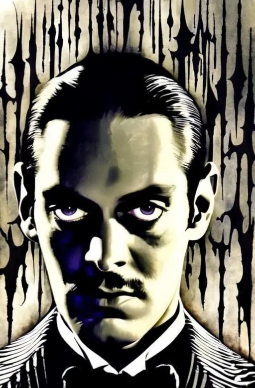 Prompt: Imagine a tattoo of Gomez Addams, dripping with his characteristic charm and dark elegance in Tim Burtons style