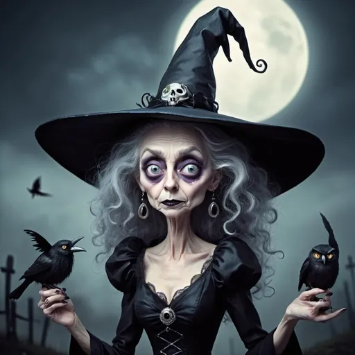 Prompt: Tim burton inspired Beautiful old witch 
