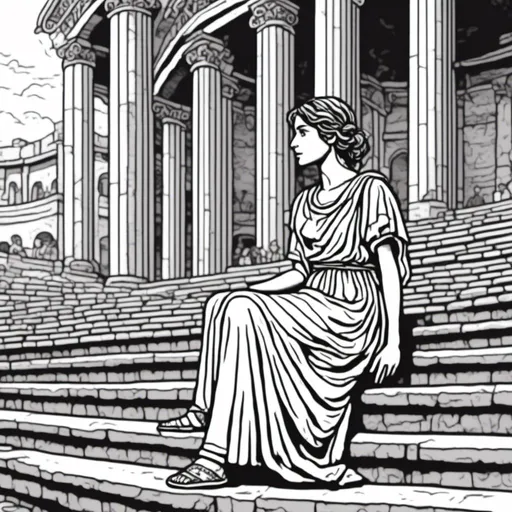 Prompt: A young Roman woman watching a play in a Roman theater, simple black and white coloring book art, in the style of <mymodel>