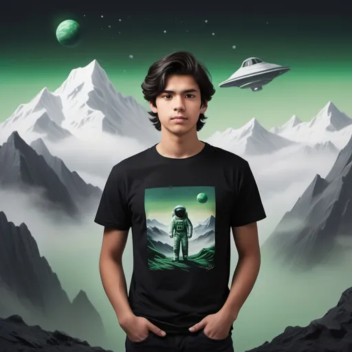 Prompt: Amidst a backdrop of mist-covered mountains, a young man stands confidently, wearing a black T-shirt adorned with a playful astronaut graphic. His expression is calm and focused, complemented by his dark hair slightly tousled by a gentle breeze. Layered beneath the T-shirt is a green turtleneck, hinting at a cool atmosphere, likely influenced by the elevation of the locale. The setting suggests a rural area, with hints of structures made from natural materials, blending harmoniously with the vibrant greenery surrounding him. The soft, diffused light from the overcast sky enhances the serene ambiance, creating a peaceful yet vibrant scene.