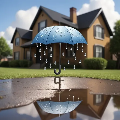 Prompt: Create a cartoon or logo that is an umbrella with detailed raindrops below it kinda like it when it rains it pours themeE
Now make the existing raindrops a mixture of smiley faces and beaming sun, and make the umbrella look like the Earth from space view and make the reflection in the puddle below the umbrella look like an upscale neighborhood from an aerial view
This looks great now remove the background and make the umbrella look like a space view of earth in the shape of an umbrella, and make the raindrops in this image look like money signs and make the puddle reflection in the water below look like the rooftop of a house
This is looking great, but remove the smiley face on the umbrella and make it look more like a space view of earth on the umbrella with the white clouds make it look very realistic, and I just want the umbrella and the existing raindrops and the puddle below remove the rest of the background Once you do that using that image turn the raindrops into signs and the puddle ripple reflection below make that reflection look like the aerial view of a house 