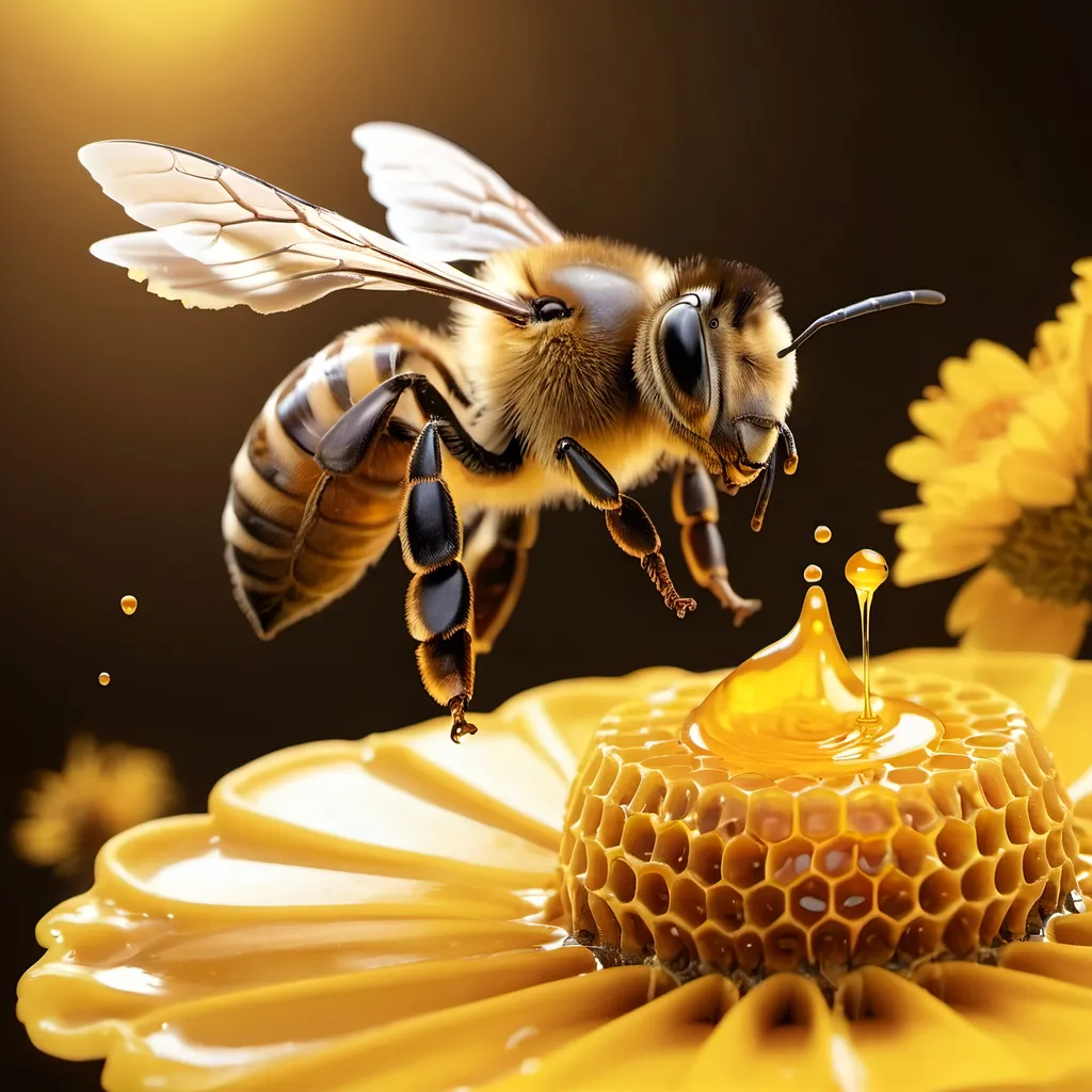 Prompt: a flying honey bee looking cheerful, with a beehive in the background and liquid golden yellow honey running out of it