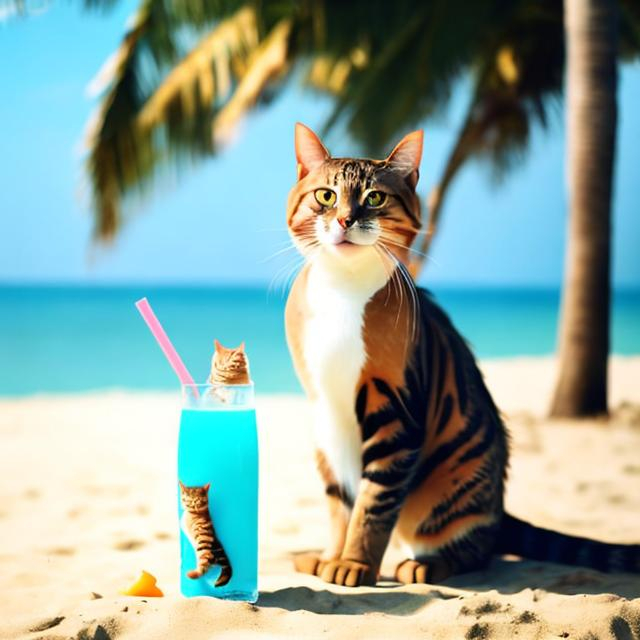 Prompt: a cat with a swimsuit on at the beach drinking a coconut drink