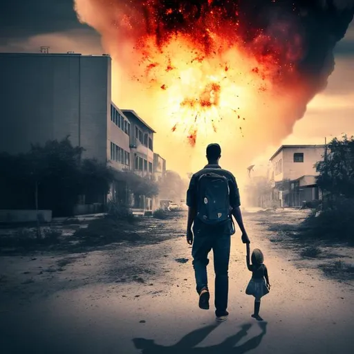 Prompt: someone walking with an explosion behind them