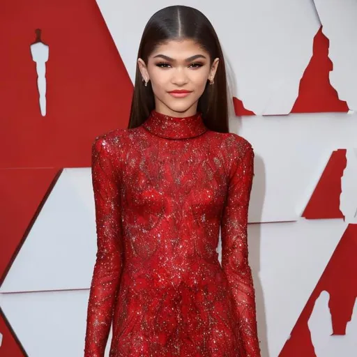 Prompt: zendaya wearing a posh sparkly red dress 