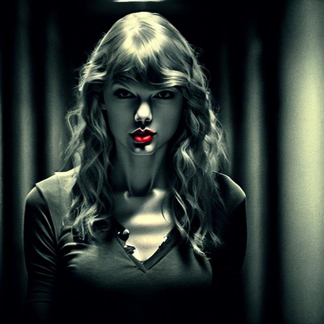 Prompt: taylor swift in a really dark hallway with no eyeballs and blood dripping down her face creepy scary
