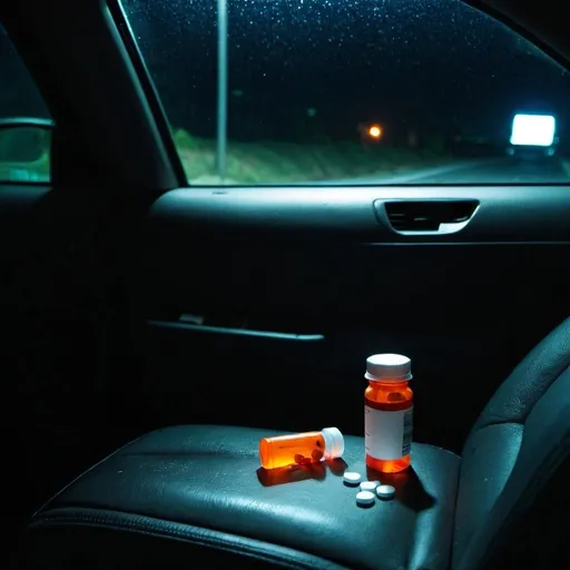 Prompt: pill bottle spilled in the backseat of the car, night time out the window
