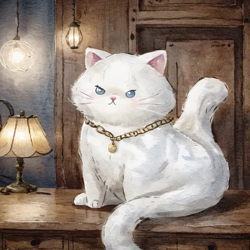 Prompt: A white fat cute cat not happy blue eye necklace