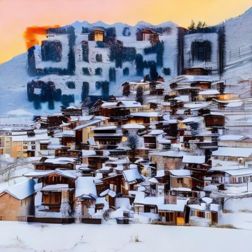 Prompt: a snowy village with mountains on the back