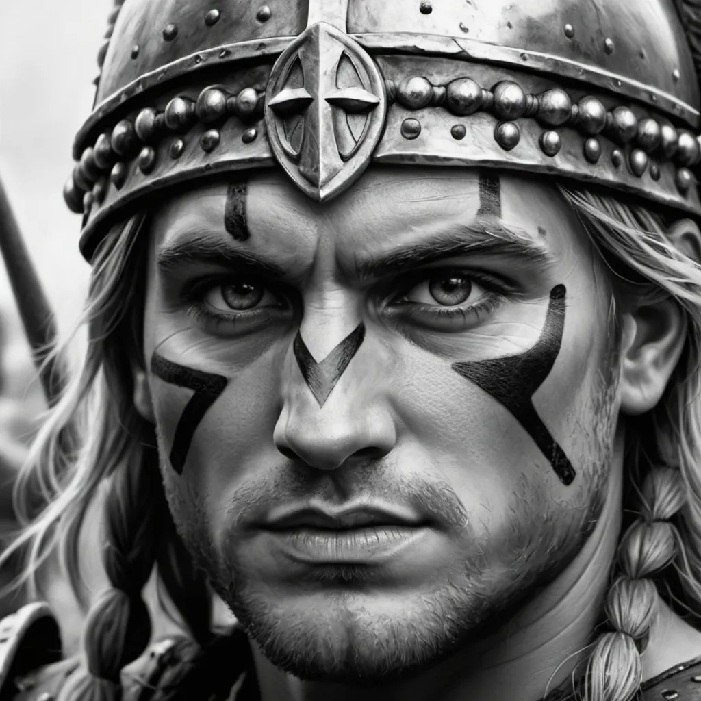 Prompt: Germanic Warriors face, Close Up, black and White, realistic painting