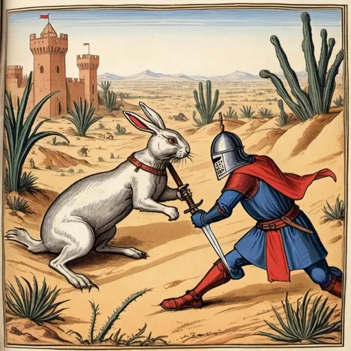 Prompt: Crusaders fighting against giant rabbit in the Desert, medieval book art