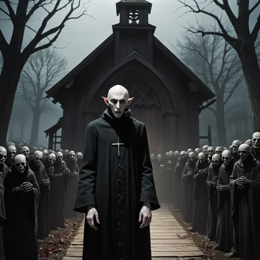 Prompt: Nosferatu Standing in Front of a growd of undead gathering at a wooden church gate