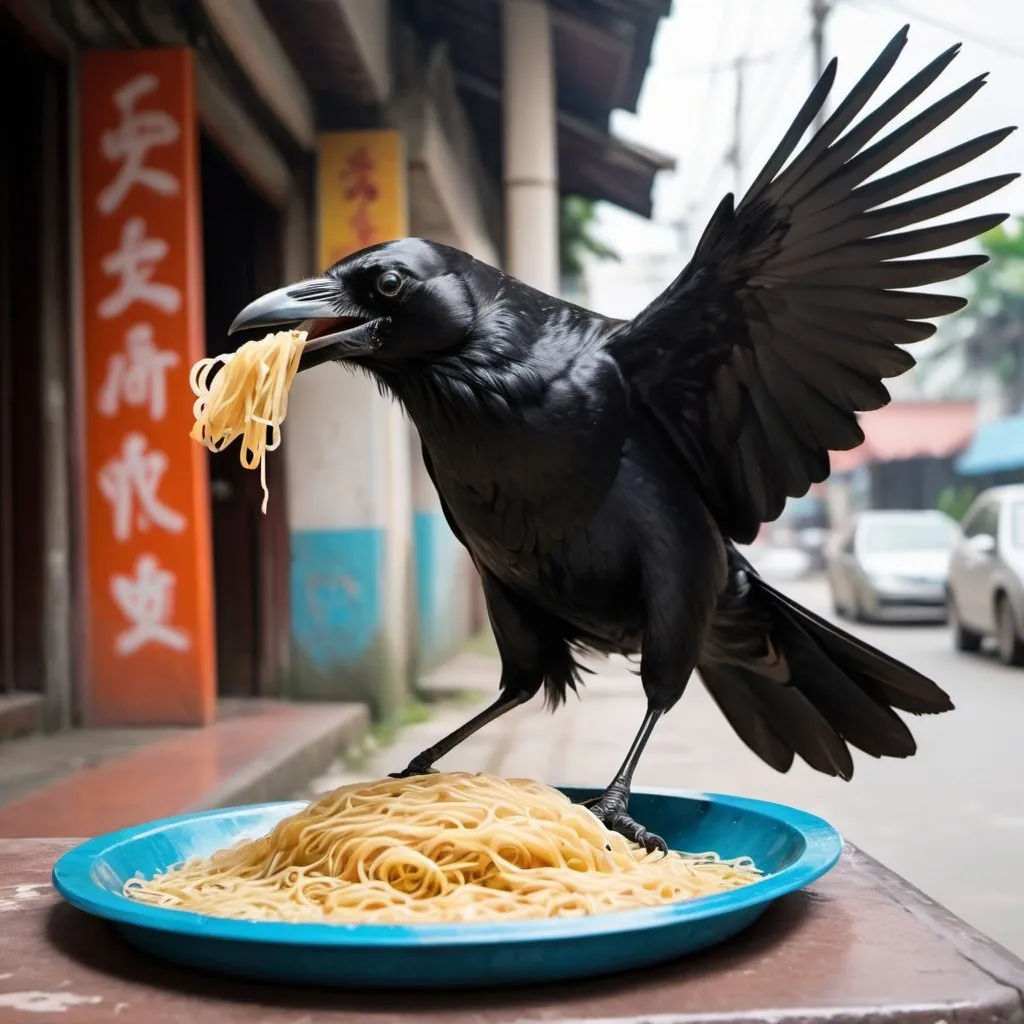 Prompt: A graffiti-style crow trying to eat a tray of noodles but he's stuck in them and he's trying to free himself wings flapping funny Vietnamese  food
