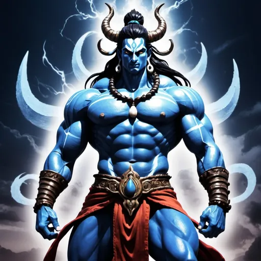 Prompt: Shiva form record of ragnarok in a muscular pose with a manga styled text: god of destruction