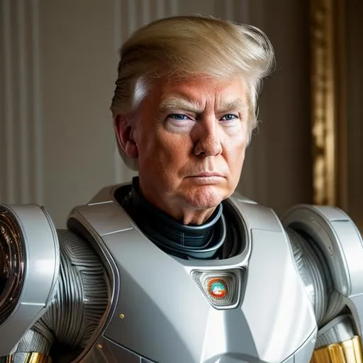 Prompt: Donald Trump, Robotic, white, golden, royal, extremely, detailed environment, intricate, detailed skin, natural colors , professionally color graded, photorealism, 8k, moody lighting.