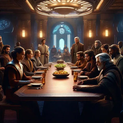 Prompt: beautiful photograph of most beautiful fictional, 12 peoples Jedi, around table, meeting, goodnes, heavenly, royal, extremely, detailed environment, detailed blur background, intricate, detailed skin, natural colors , High-resolution, professionally color graded, photorealism, 8k, moody lighting.