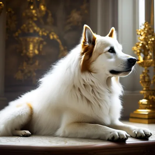 Prompt: beautiful photograph of most beautiful fictional, Dog, goodnes, heavenly, royal, White and golden, extremely, detailed environment, detailed blur background, intricate, detailed skin, natural colors , High-resolution, professionally color graded, photorealism, 8k, moody lighting.