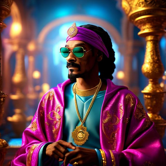 Prompt: Snoop Dog as Genie, beautiful photograph of most beautiful fictional, extremely, detailed environment, detailed background, intricate, detailed skin, natural colors , professionally color graded, photorealism, 8k, moody lighting.