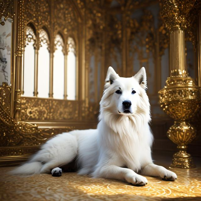 Prompt: beautiful photograph of most beautiful fictional, Dog, goodnes, heavenly, royal, White and golden, extremely, detailed environment, detailed blur background, intricate, detailed skin, natural colors , High-resolution, professionally color graded, photorealism, 8k, moody lighting.